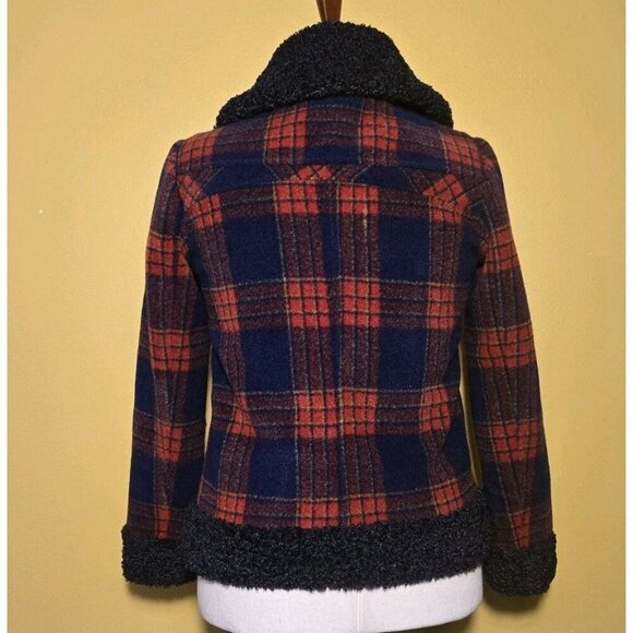 Sundance Womens Coat XS Red Blue Plaid Wool Blend Jacket Faux Fur Greta Lined XS - Picture 4 of 10